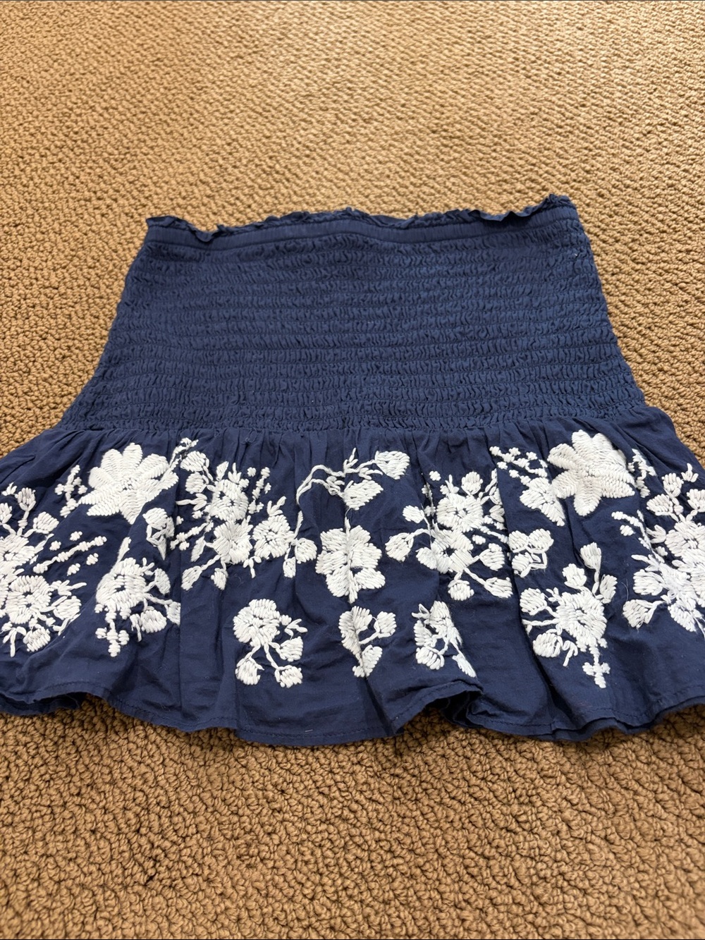 Navy Blue Floral Embroidered Smocked Waist Skirt